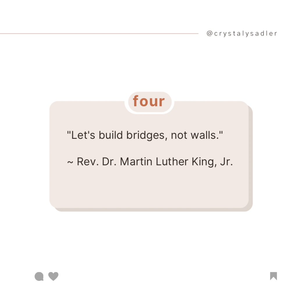 "Let's build bridges, not walls."
~ Rev. Dr. Martin Luther King, Jr.