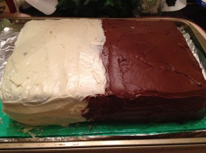 sheet cake with half cream cheese and milk chocolate icing