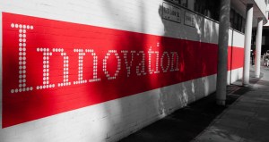 Red innovation on wall