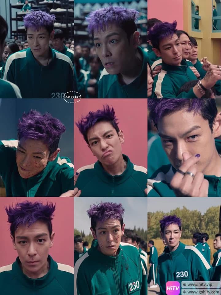 Six photos of Choi Seung Hyun aka T.O.P in his role as the purple-haired rapper Thanos in Squid Games.