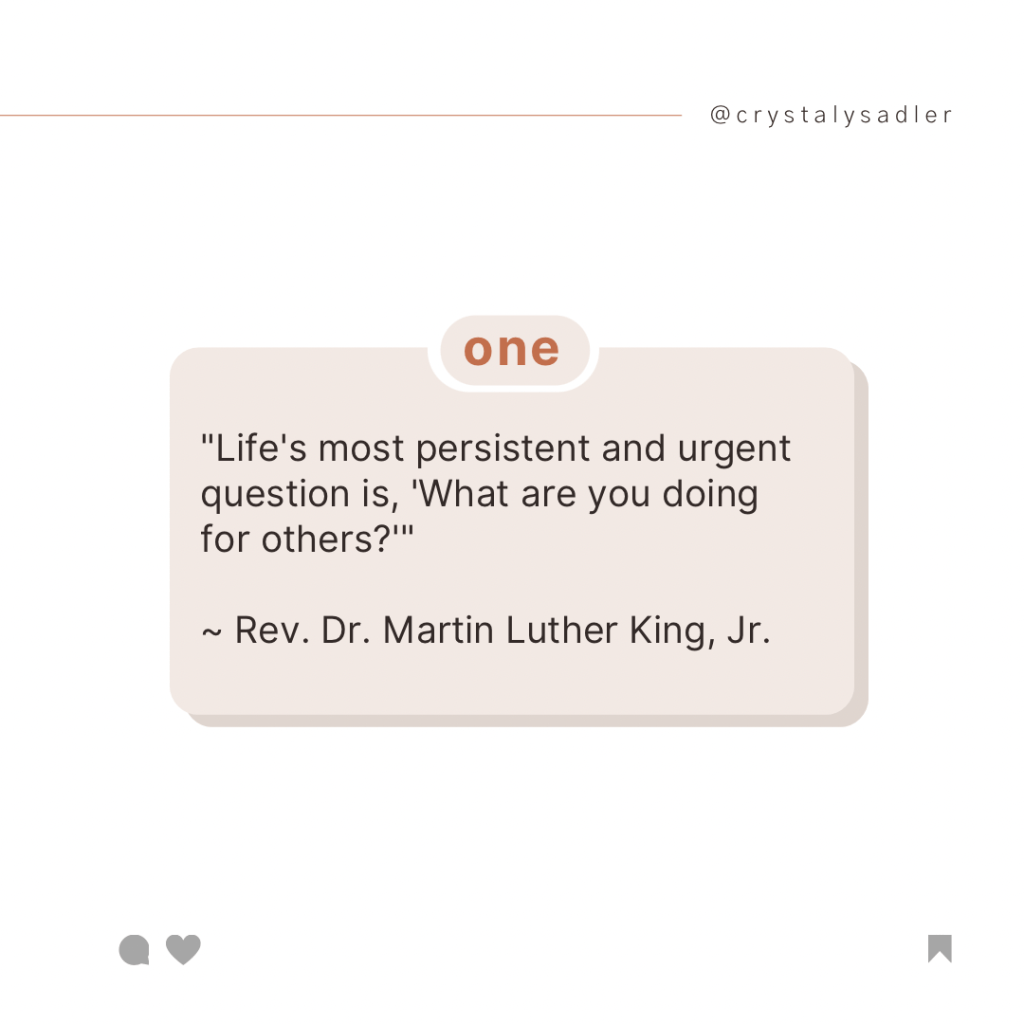 "Life's most persistent and urgent question is, 'What are you doing for others?'"
~ Rev. Dr. Martin Luther King, Jr.